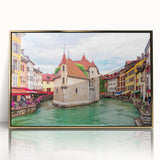 Acrylic print of the French Alps in muted earth tones within a gold frame, suitable as modern art wall decor.