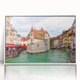 Mid-century modernist art of the French Alps in muted earth tones on a framed acrylic, ideal for nursery wall art.