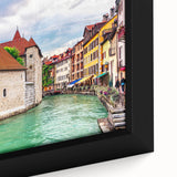 Extra large framed canvas of the French Alps in black with vibrant, textured color accents, ideal for living room decor.