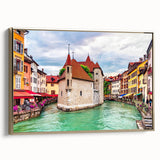 Vintage poster art of the French Alps landscape in black and gold tones on a framed canvas, ideal for bedroom decor.