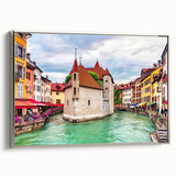 Framed canvas landscape art painting depicting the French Alps with vivid blue and green tones.