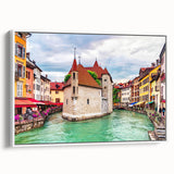 Vintage poster art of the French Alps in colorful hues on extra large framed canvas, ideal for living room decor.