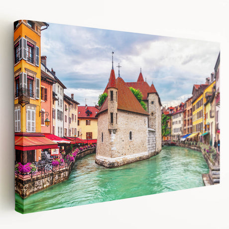 Panoramic view of the French Alps on stretched canvas, featuring muted earth tones, ideal for kitchen wall art.