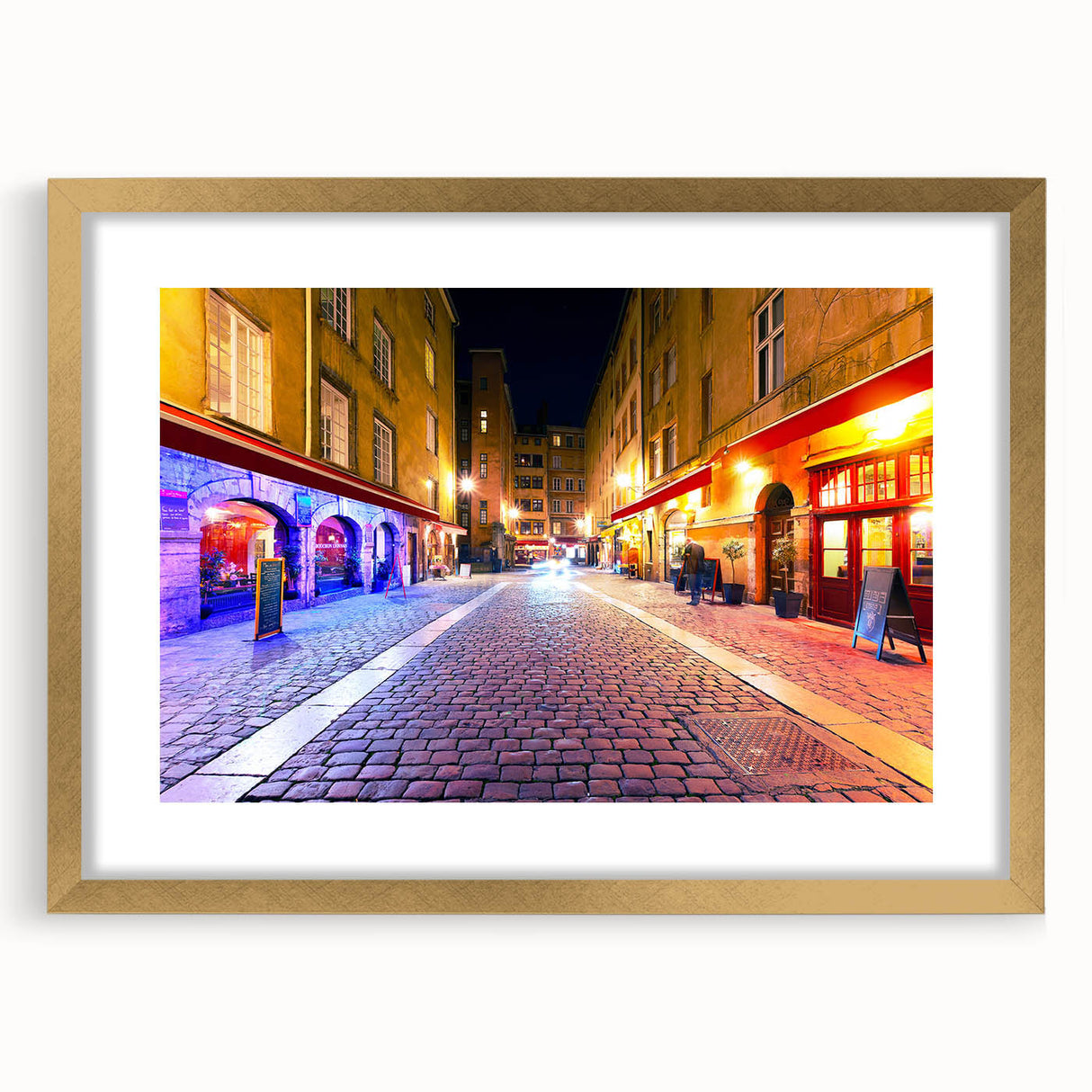 Abstract art print of Lyon scenery in muted gold and blue tones, framed with a gold mat, suitable for dining room decor.
