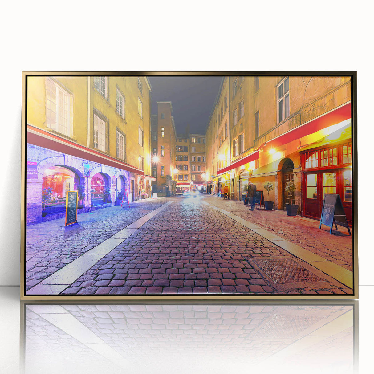 Art Deco poster of Lyon, France in muted gold and brown tones on a framed acrylic, suitable for modern art wall decor.