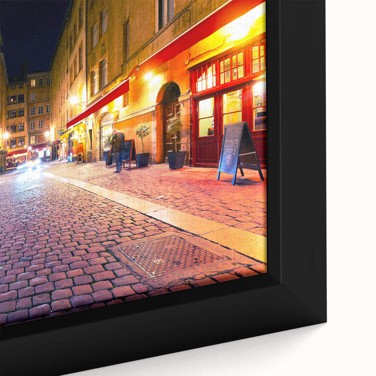 Extra large black wall art featuring a textured depiction of Lyon, France in vibrant colors on framed canvas.