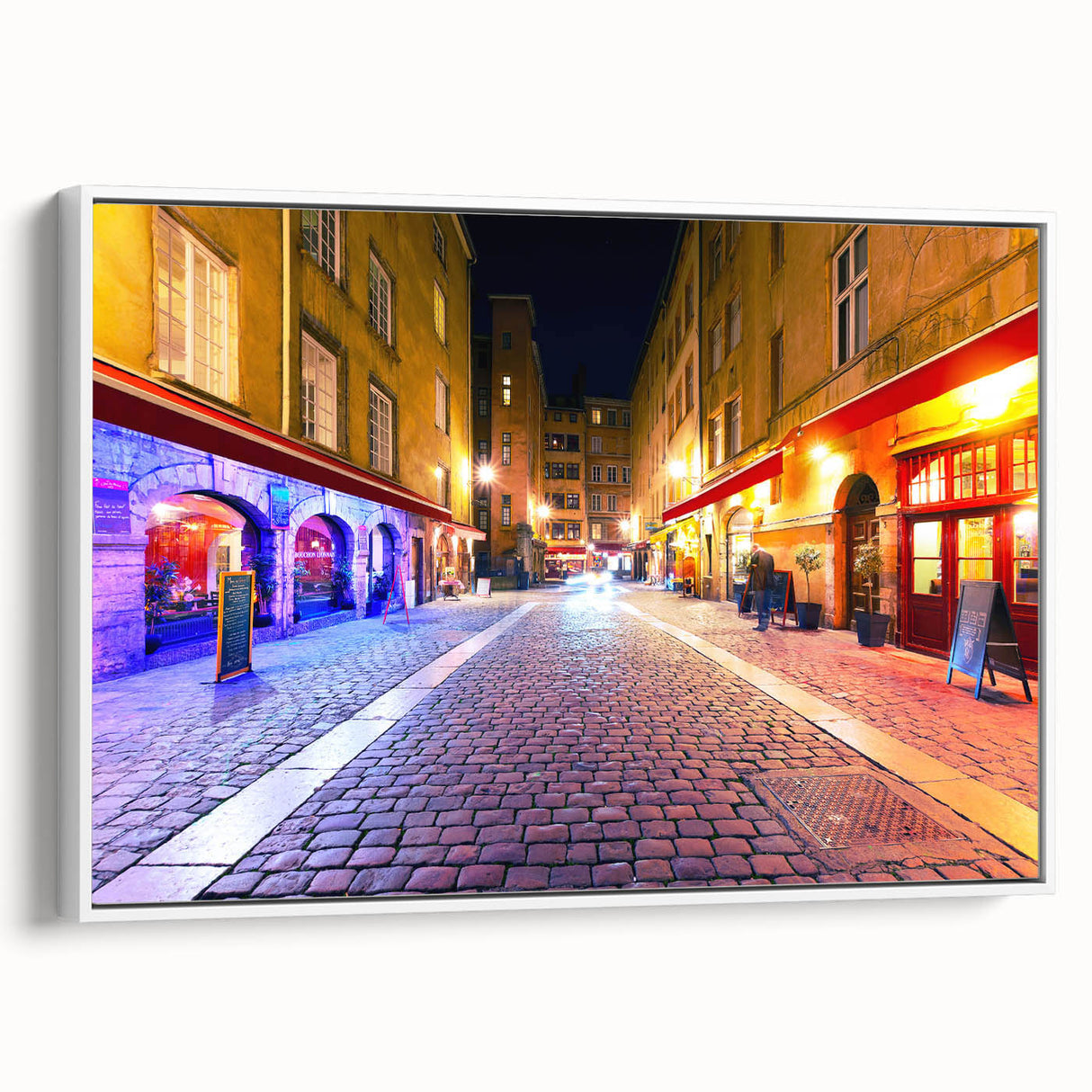 Vintage poster art of Lyon, France in vibrant colors on extra large framed canvas, ideal for living room decor.