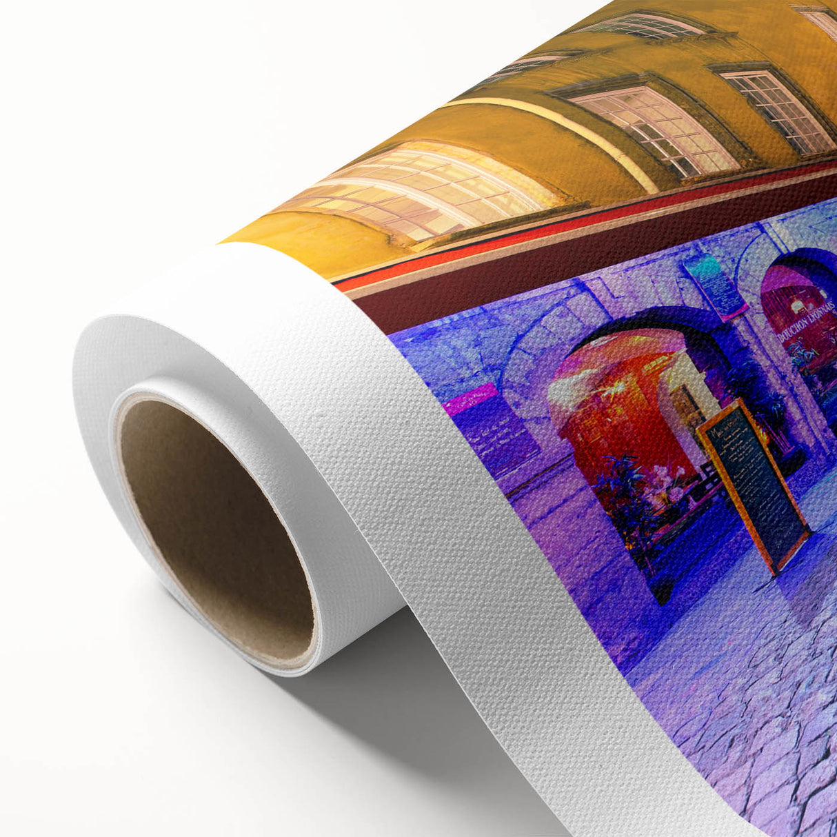 Art deco poster of Lyon scenery in pastel shades on rolled canvas, ideal for nursery wall art.
