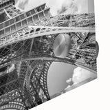 Large abstract depiction of Paris in muted gray and blue tones on acrylic glass, ideal for dining room art.