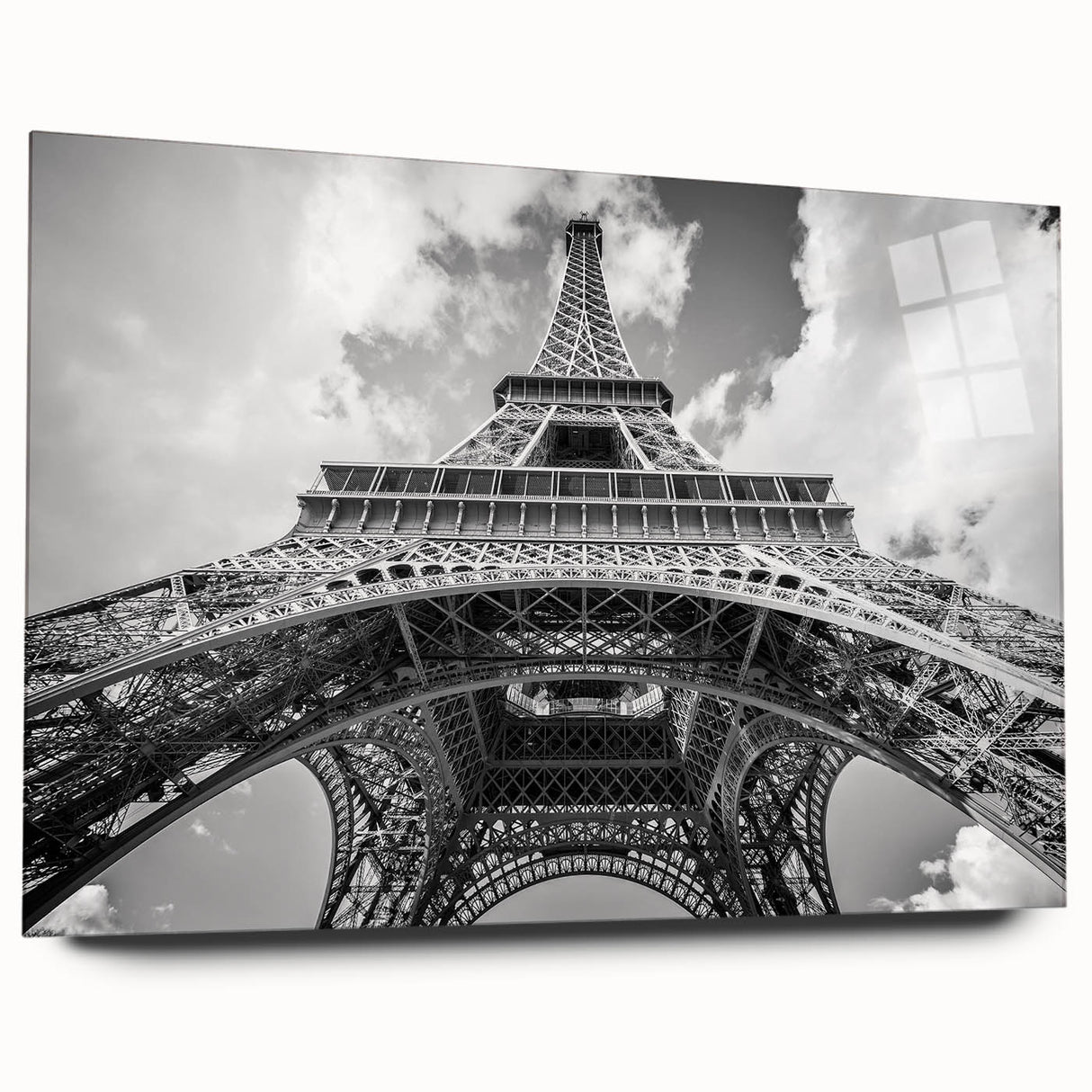 Large abstract depiction of Paris skyline in muted gray and blue tones on acrylic glass.