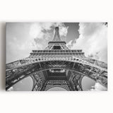 Black and white print of Parisian street on stretched canvas, ideal for kitchen wall art or bedroom decor.