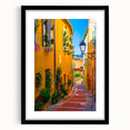 Colorful abstract art print of a Provencal landscape in vibrant hues on a framed canvas, ideal for large living room walls.