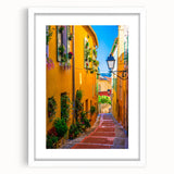 Textured art print of a Provence landscape in muted earth tones on framed white matte, ideal for bedroom art.