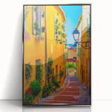 Large acrylic print of a Provence, France scenery in mid-century modernist style, with vibrant green and blue tones.