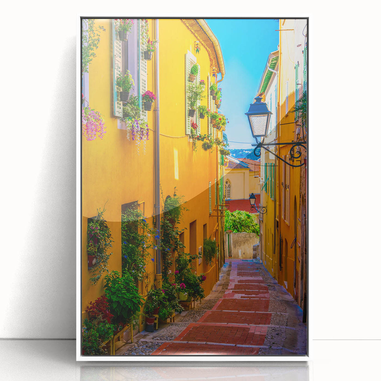 Mid-century modernist art depicting a serene Provence landscape in acrylic, with subtle earth tones, framed.