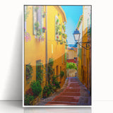 Mid-century modernist art depicting a serene Provence landscape in acrylic, with subtle earth tones, framed.