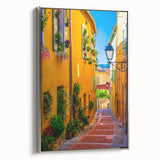 Landscape art painting of Provence with vibrant colors on a silver-framed canvas, suitable for enhancing living room decor.