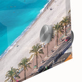 Large abstract wall art depicting a mid-century modernist scene of southern France, in muted earth tones on acrylic glass.