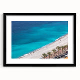 Extra large abstract art print of a vibrant, colorful European scenery in a black frame, ideal for living room decor.