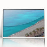 Mid-century modernist art of a serene French landscape in soft pastel shades, acrylic print framed in white.