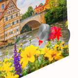 Large abstract wall art depicting a Bavarian scene in muted earth tones on acrylic glass, ideal for dining room decor.