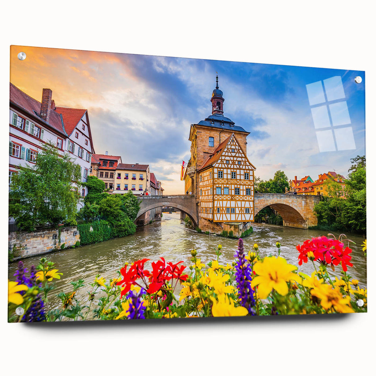 Acrylic print of a serene Bavarian landscape in soft green and blue tones, suitable for bedroom or dining room decor.