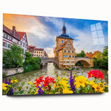 Large abstract wall art depicting a serene Bavarian landscape in muted earth tones, printed on acrylic glass.