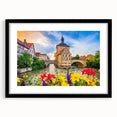 Abstract art print of a vibrant Bavarian landscape in colorful hues on a large framed canvas, ideal for living room decor.
