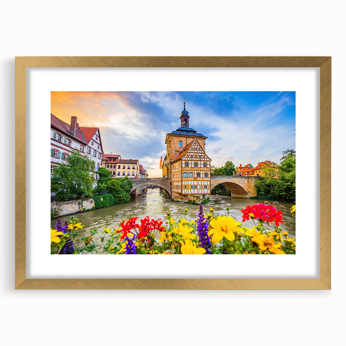 Abstract art print of a Bavarian landscape in muted green and blue tones on a framed gold mat, ideal for dining room decor.