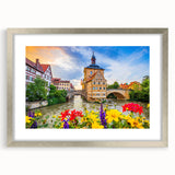 Extra large wall art depicting abstract Bavarian scenery in textured grays and blues, framed in silver.