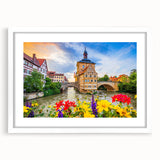 Textured art of abstract Bavarian landscape in muted greens and blues, framed with a white mat, suitable for bedroom decor.