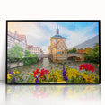 Large abstract wall art of Bavarian scenery in black acrylic frame, ideal for modern living room decor.