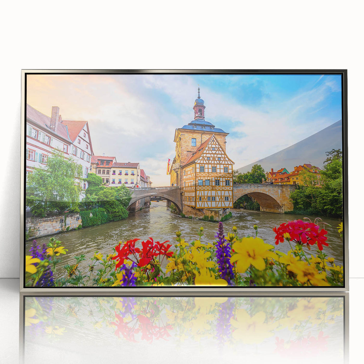 Framed acrylic print of a Bavarian landscape in muted earth tones, ideal for modern art wall decor.