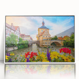 Mid-century modernist art depicting a serene Bavarian landscape in muted earth tones, framed acrylic.