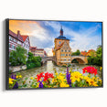 Black and white wall art of a Bavarian landscape on framed canvas, ideal for bedroom decor.