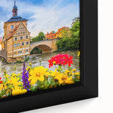 Extra large framed canvas featuring a textured depiction of a Bavarian landscape in black with colorful art accents.