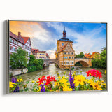 Landscape art painting of Bavarian scenery, colorful art on framed canvas, ideal for a living room.