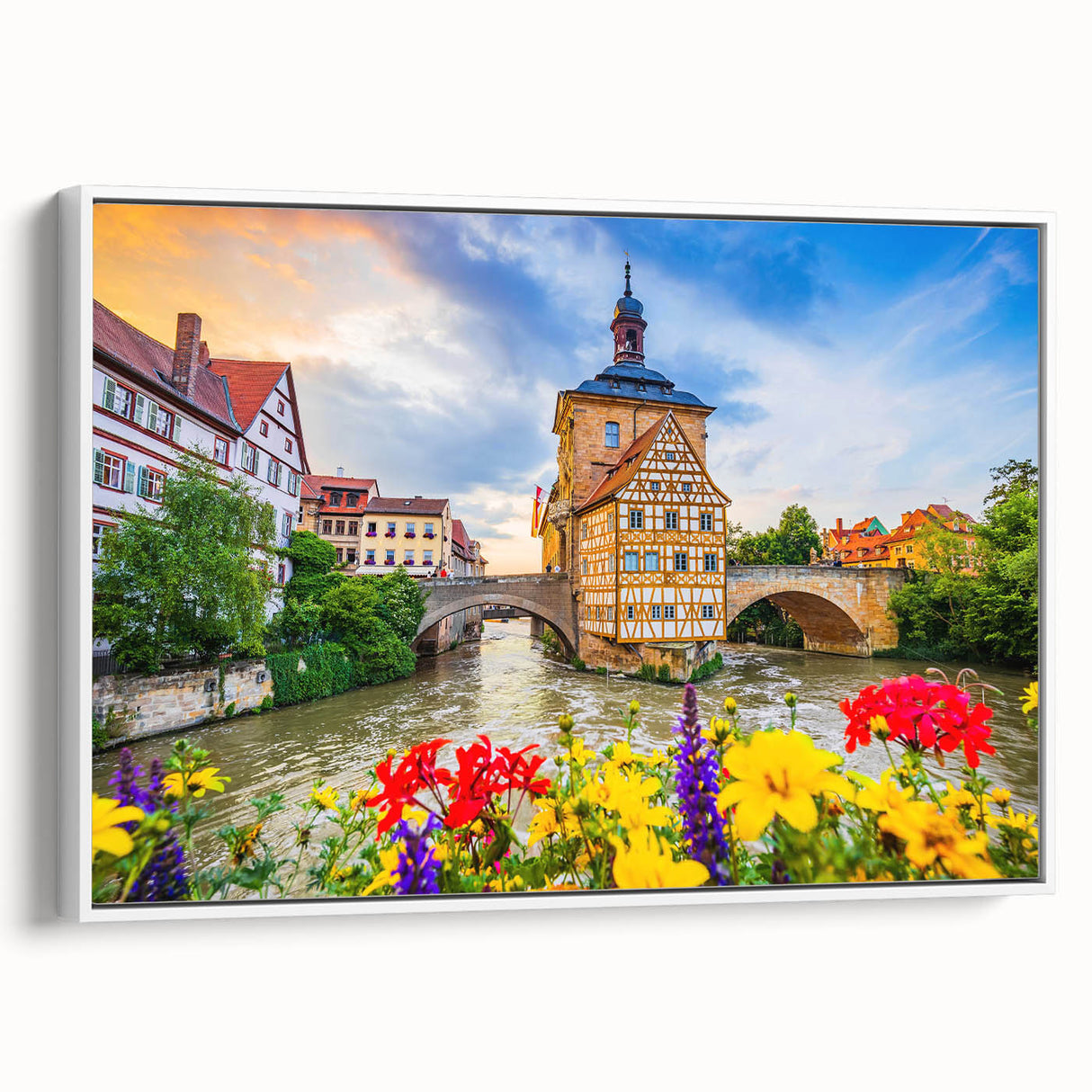 Vintage poster art depicting a Bavarian landscape on extra large framed canvas, ideal for living room decor.