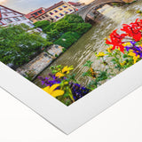 Art deco poster of a Bavarian landscape on rolled canvas, featuring muted earth tones, suitable for dining room wall art.