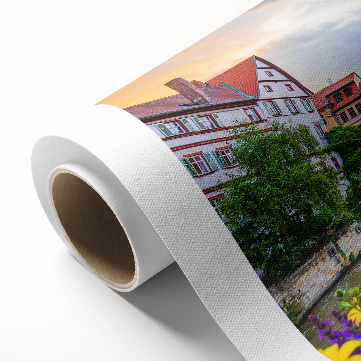 Art deco poster of Bavarian scenery in muted earth tones on rolled canvas, suitable for nursery wall art.