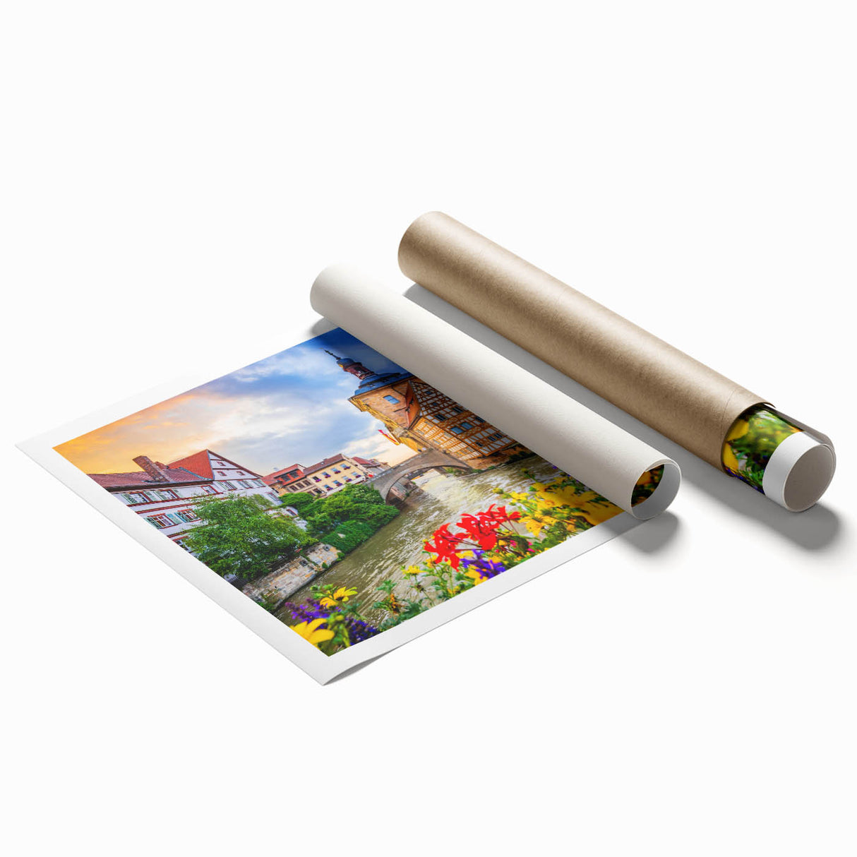 Large rolled print of a Bavarian landscape with vibrant green and blue tones, ideal for classy bathroom wall art.