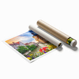 Large rolled print of a Bavarian landscape with vibrant green and blue tones, ideal for classy bathroom wall art.