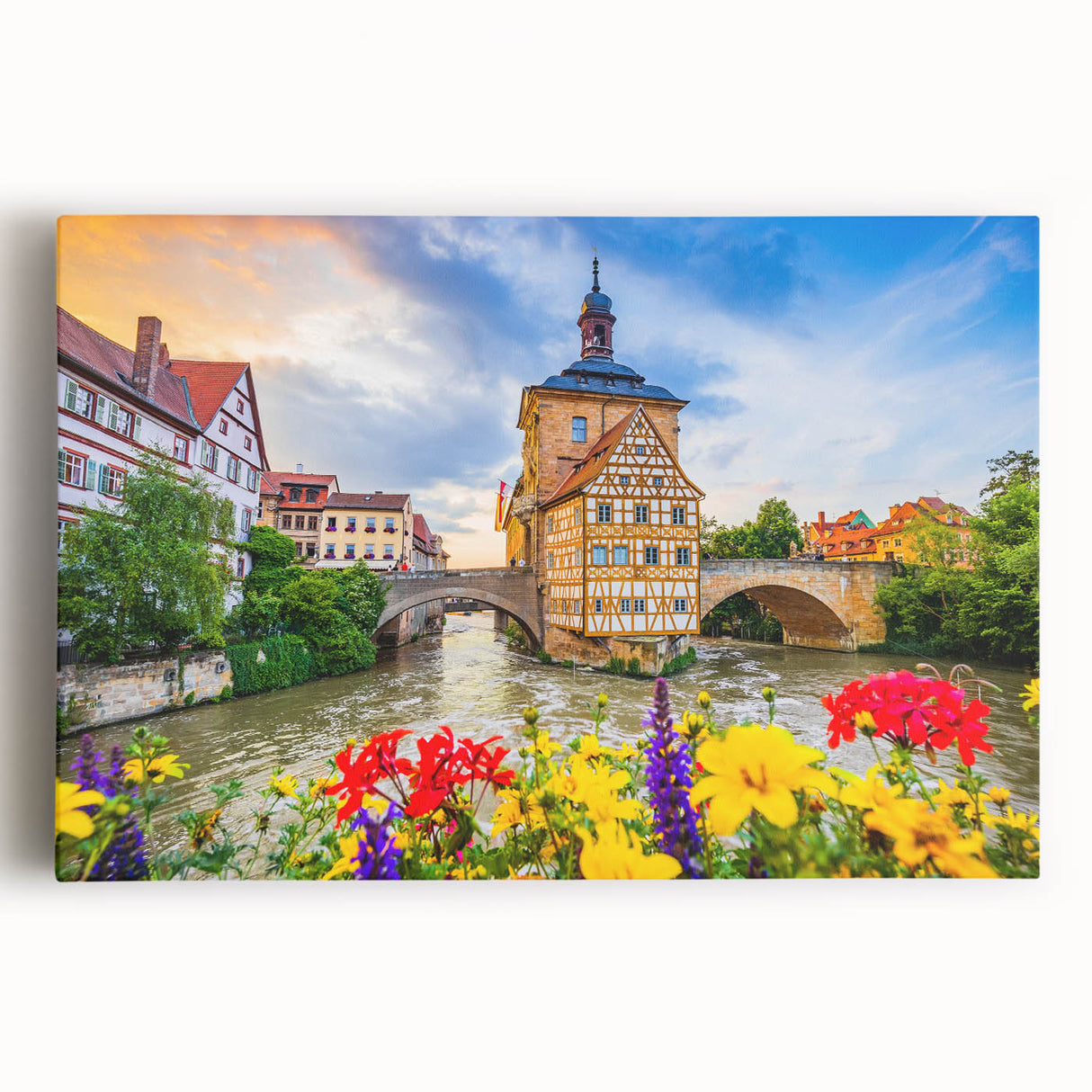 Black and white photograph of Bavarian landscape on stretched canvas, ideal for kitchen wall art.