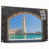 Acrylic print of a Crete, Greece landscape in soft blue and white tones, ideal for bedroom or dining room decor.