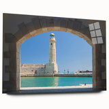 Acrylic print of a large abstract depiction of Crete, Greece in blue and white tones.