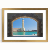 Abstract art print of a European landscape in Crete, featuring muted earth tones on a framed gold mat.