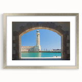 Extra large abstract art print of a Greek Crete scenery in muted blue and white tones, framed in silver.