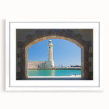 Textured abstract art print of a Crete, Greece landscape in muted earth tones on a framed white mat.