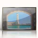 Acrylic print of a Crete, Greece landscape in gold frame, featuring muted earth tones, ideal for modern art wall decor.