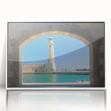 Mid-century modernist art depicting a serene Crete landscape in muted earth tones on a framed acrylic panel.